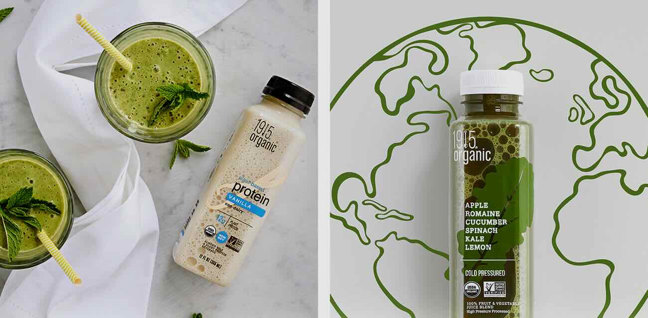 Two 1915 organic drink bottles and two green smoothies in glasses with straws are shown. One bottle label reads "protein," and the other lists apple, romaine, cucumber, spinach, kale, and lemon—perfect for showcasing in your B2C marketing on social media platforms.