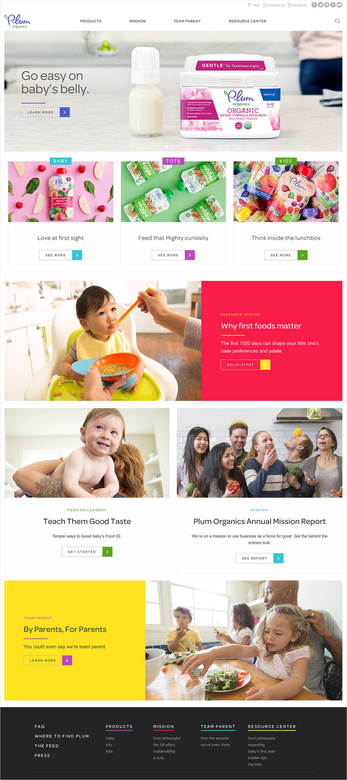 Plum Organics baby food website homepage features various sections, including product highlights, feeding tips, and mission information with images of babies and parents. Discover engaging content that showcases real parenting stories through a heartfelt social media campaign aimed at creating a genuine connection.