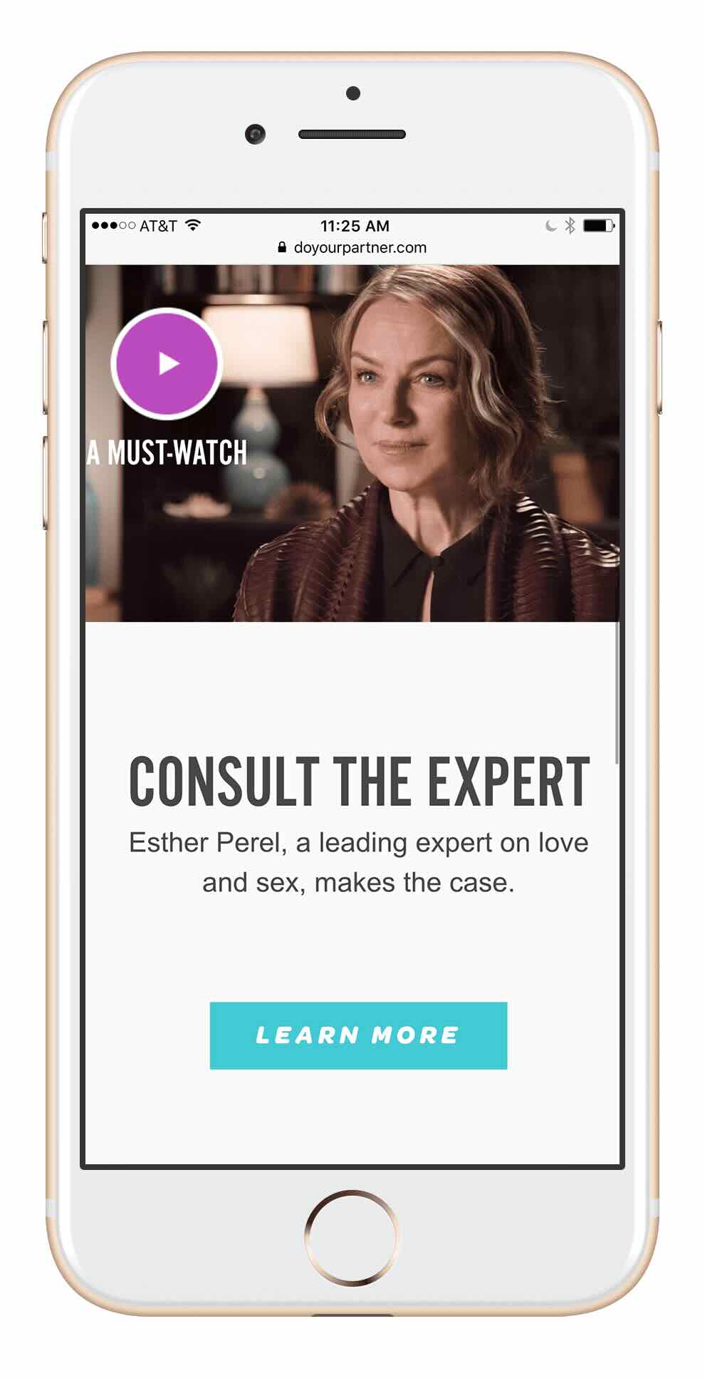 A smartphone screen displays a webpage featuring a video thumbnail with a woman, labeled "A Must-Watch." Below is text: "Consult the Expert," mentioning Esther Perel, expert on love and sex, with a "Learn More" button. Part of the Parenting Conversations series, this is aimed at fostering family happiness for millennial parents.