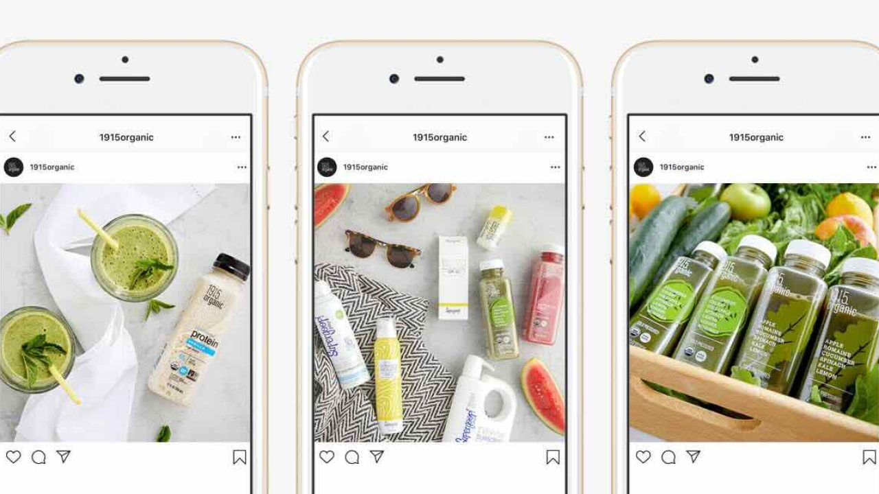 Three smartphone screens displaying Instagram posts of various organic products, including smoothies, sunscreen, fresh produce, and juices. Showcasing effective B2C marketing strategies, the posts are from the user @1915organic.