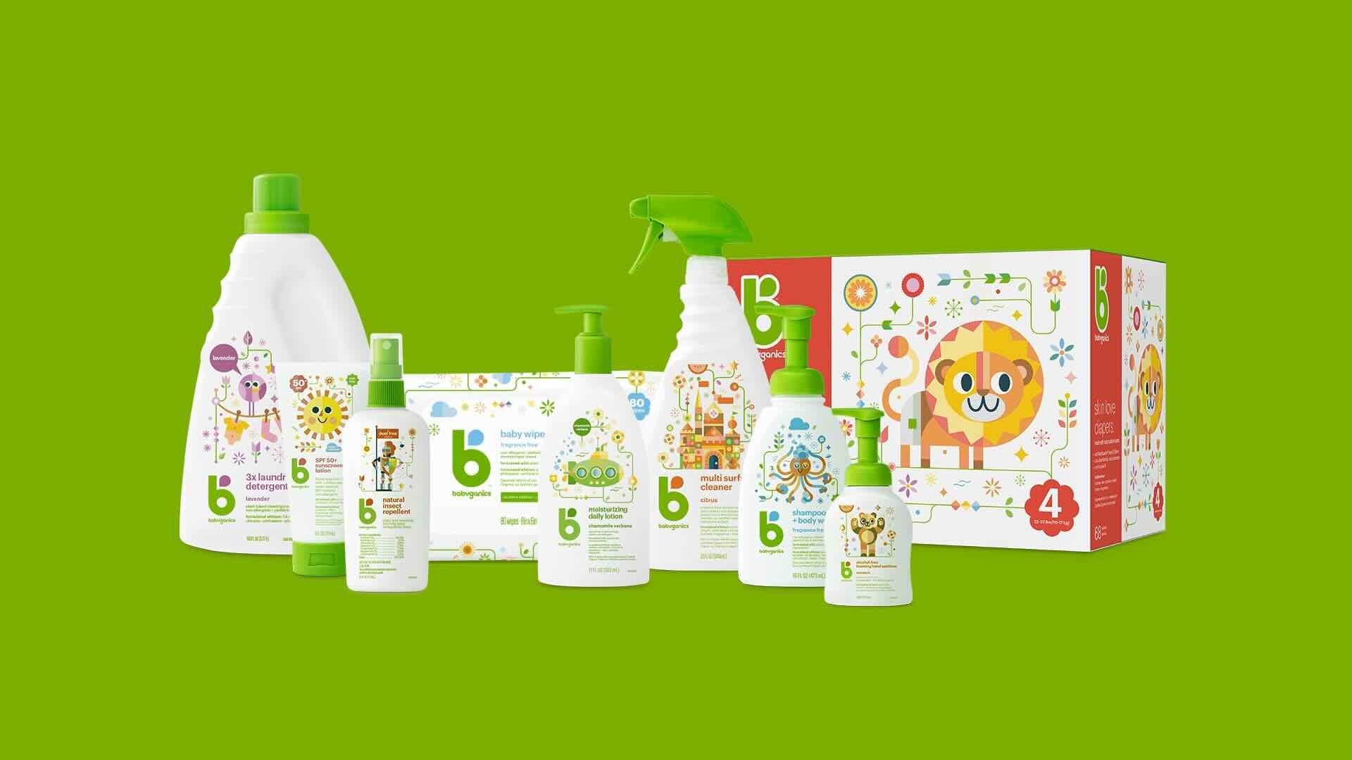 A collection of "b" branded cleaning products, including a laundry detergent, spray cleaner, hand soap, and a box with a colorful lion illustration arranged on a green background. Perfect for millennial families who value health and product safety in their adventurous parenting journey.