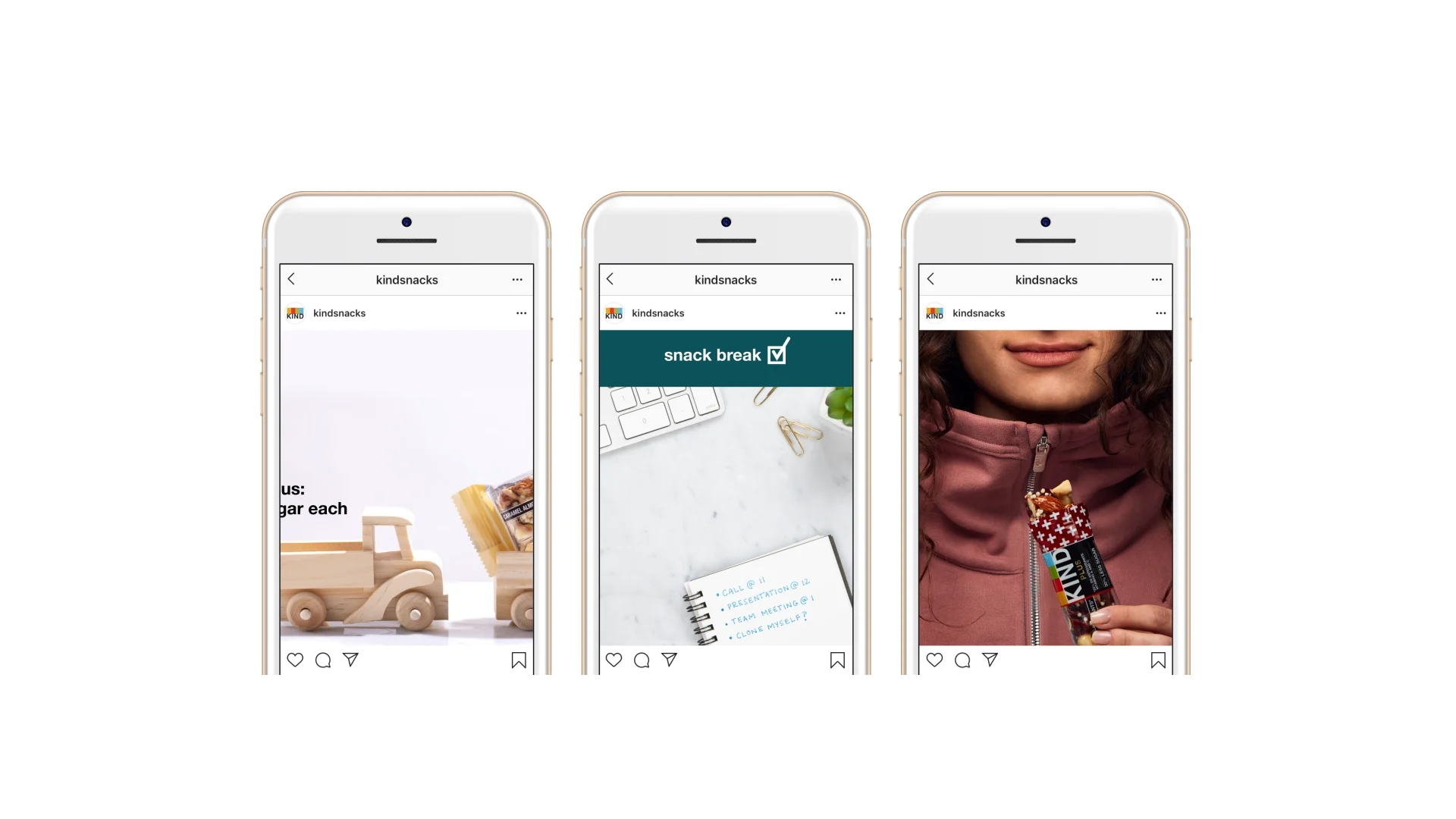 Three smartphone screens display Instagram posts: a wooden toy, a notebook and coffee, and a person eating a snack bar. These images highlight how KIND Snacks blend wholesome ingredients with convenience, catering to health-savvy consumers on social media.