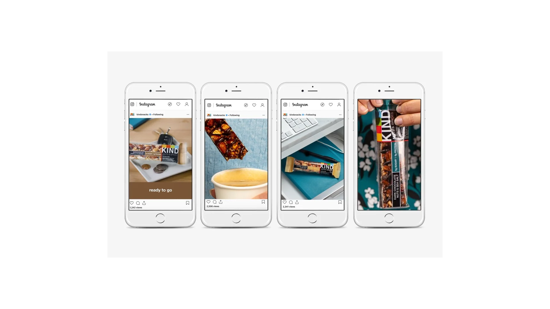 Four smartphones display Instagram posts featuring KIND bars placed next to coffee, a keyboard, and in-hand, highlighting how health meets convenience.