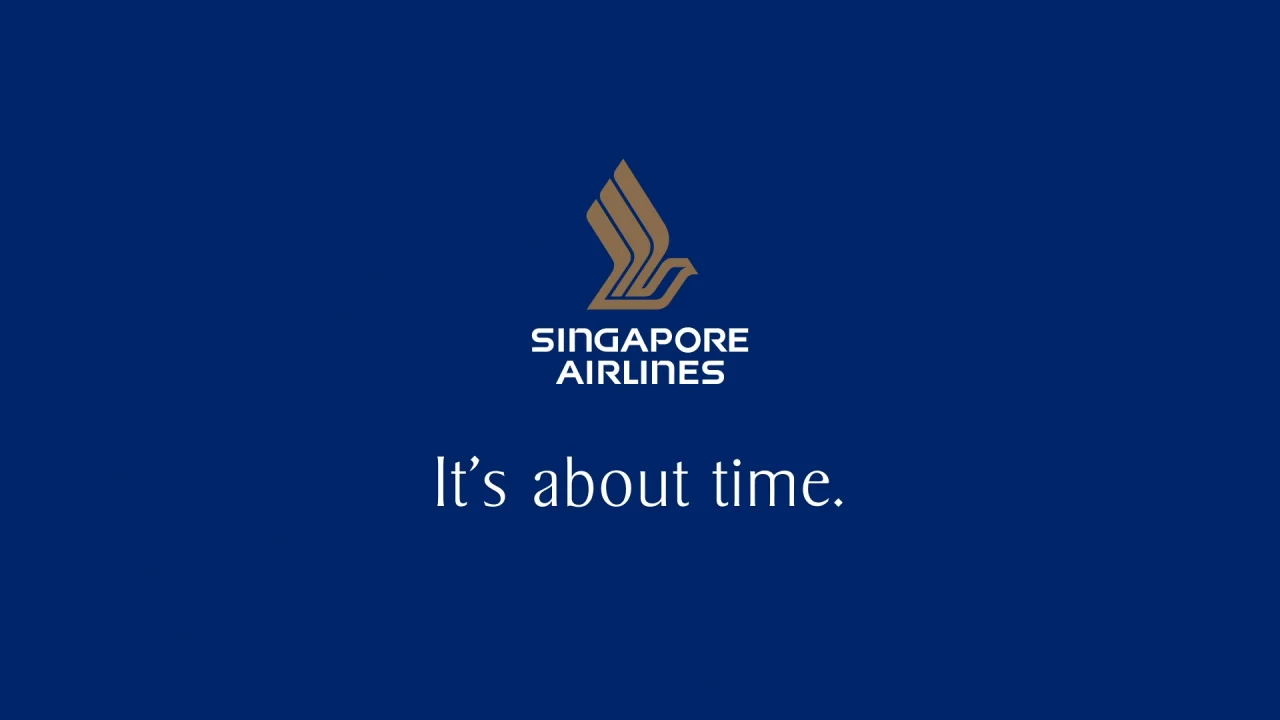 Singapore Airlines logo and text "It’s about time" on a blue background, highlighting the luxury business class service on its non-stop travel experience from New York to Singapore with the Airbus A350-900 ultra-long-range.