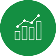 Bar graph with a rising trend line, illustrating growth over time.