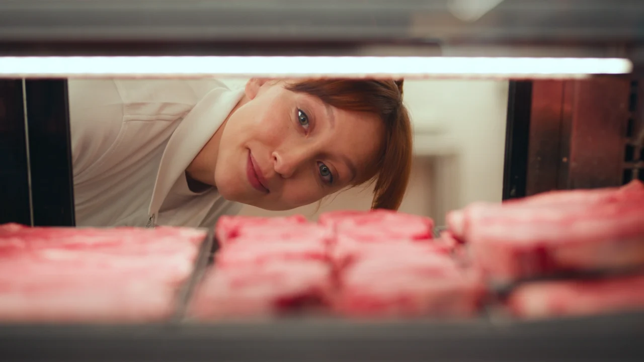 A woman peering into a meat display case at Stater Bros.